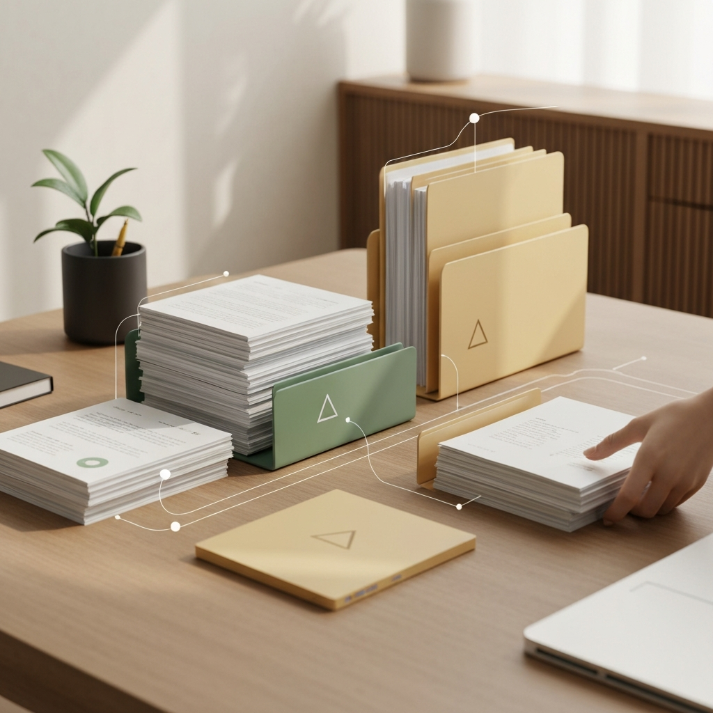 Desk with document stacks and Quiet Delta-branded organizers