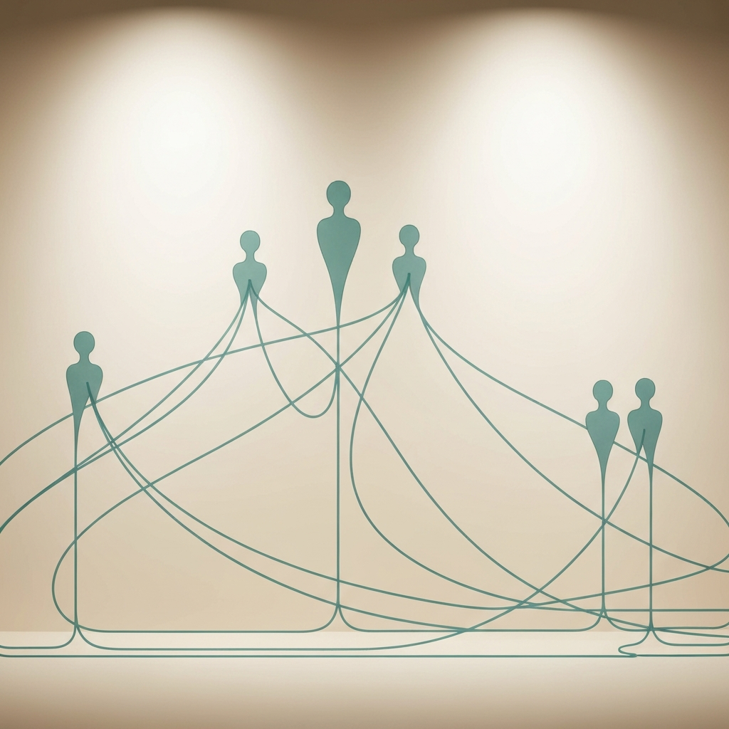 Silhouettes connected by flowing lines representing a member network