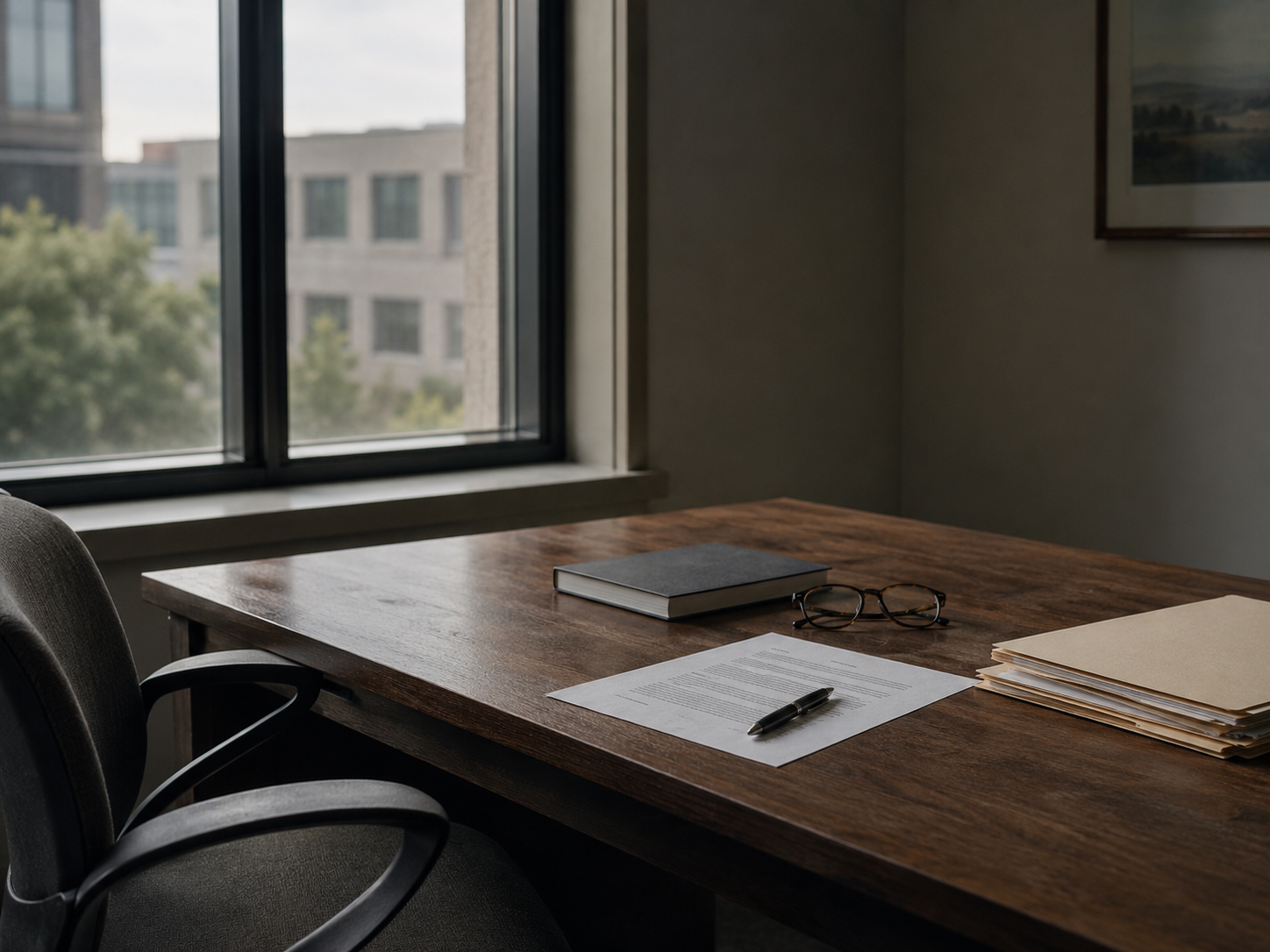 A quiet desk by a window in early morning light: a printed memo with a pen resting on it, a closed notebook, folded reading glasses, and a neat stack of folders, chair empty.