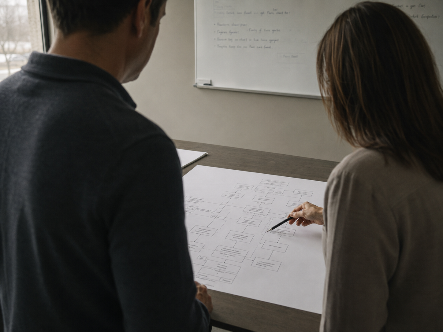 Over-the-shoulder view of two people reviewing a large printed process diagram on a table, one pointing at a step with a pen, faces not visible.