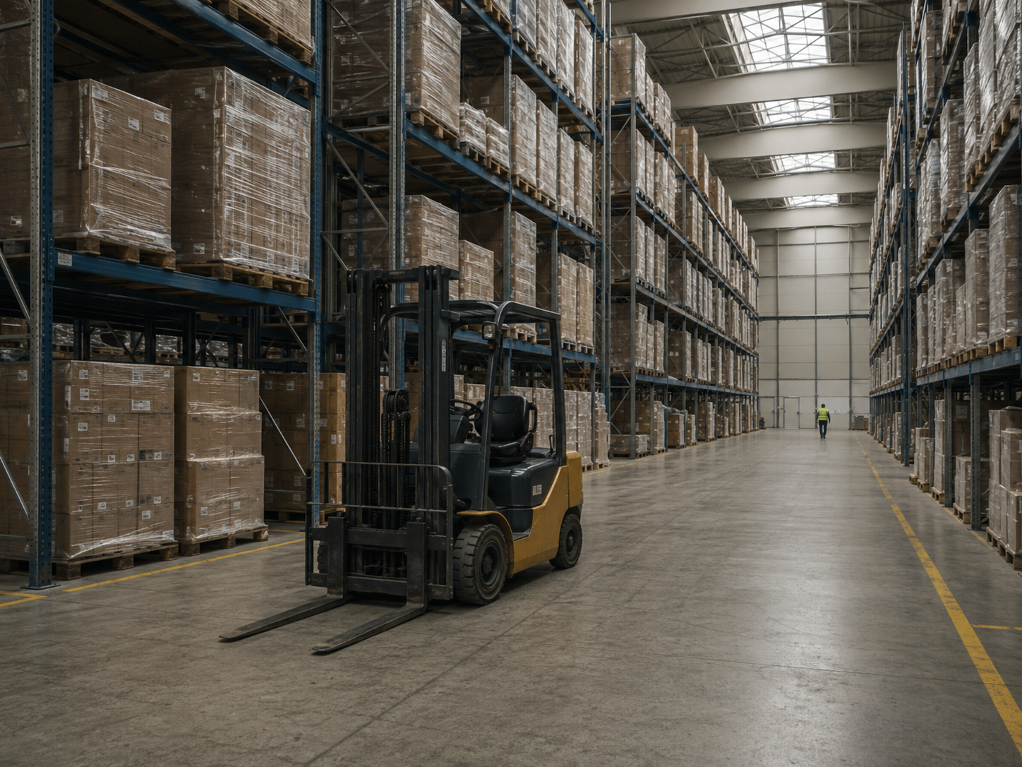 Wide interior of a quiet distribution warehouse with tall racking, uniformly stacked pallets, and a parked forklift under high skylights.