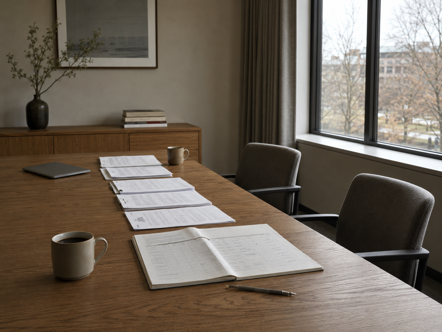A long wooden conference table set with printed working documents, a project plan open to a schedule page, and two cups of coffee, morning light through a window at right.